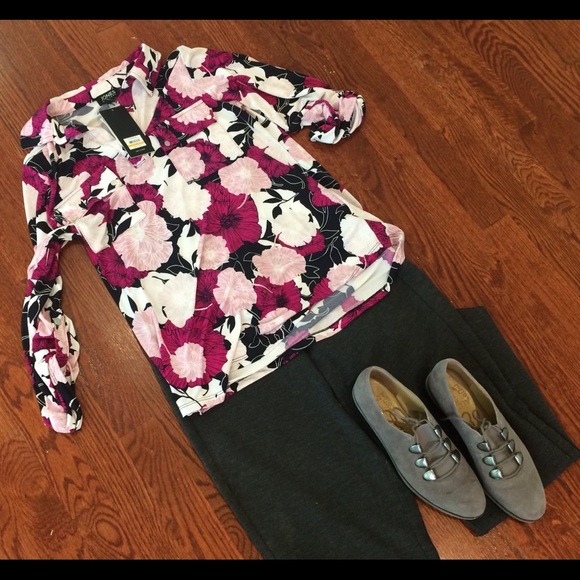Jones New York Blouse Tab Sleeve Floral Print S - Picture 2 of 9